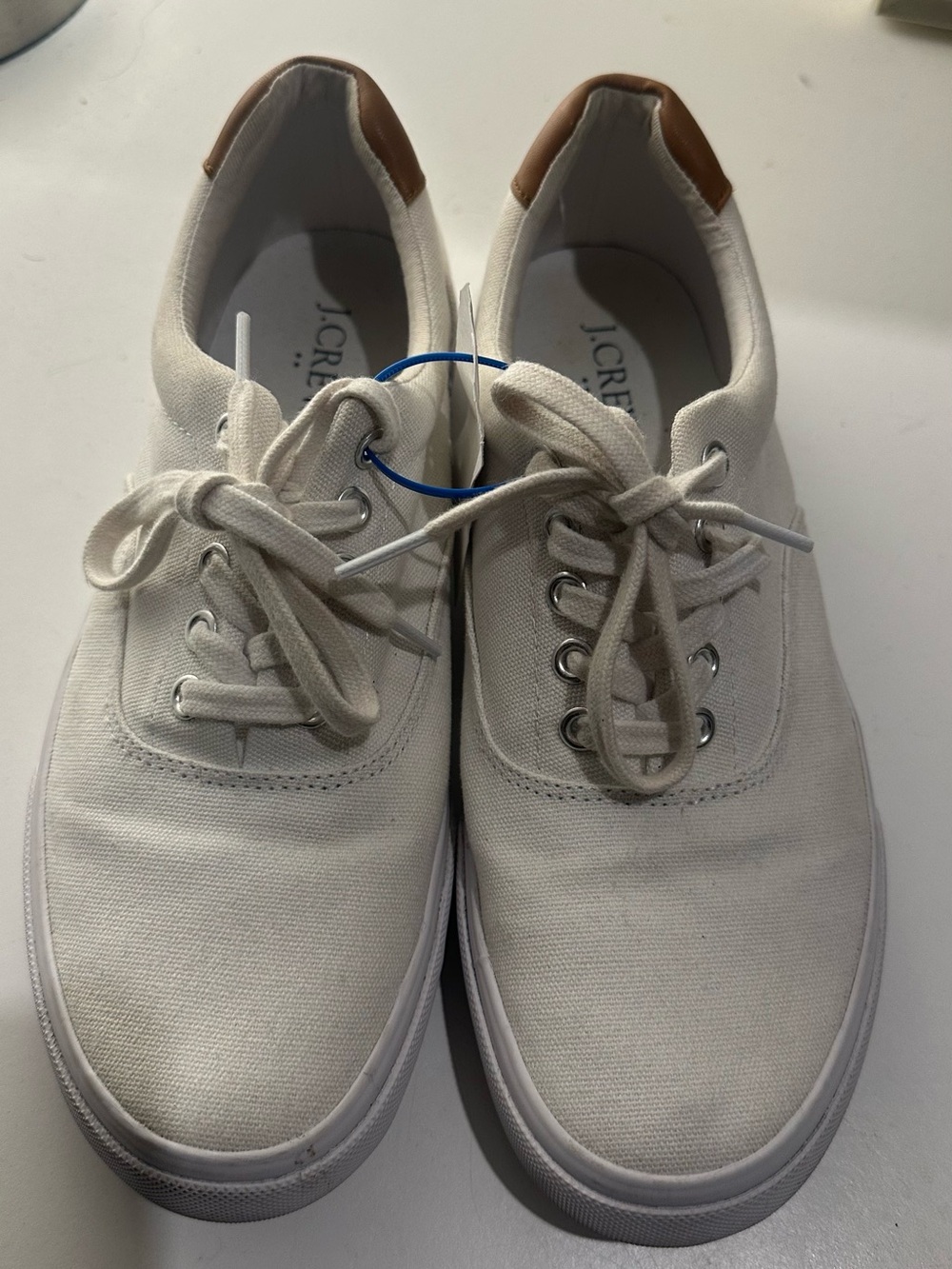 J. Crew Men's Cream Canvas Sneakers with Brown Heel Tab